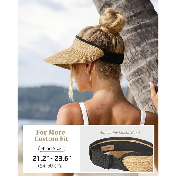 🆕Women Khaki Straw Paper Visor Summer Beach Hat Packable Wide Brim Sun Hat - Picture 3 of 6